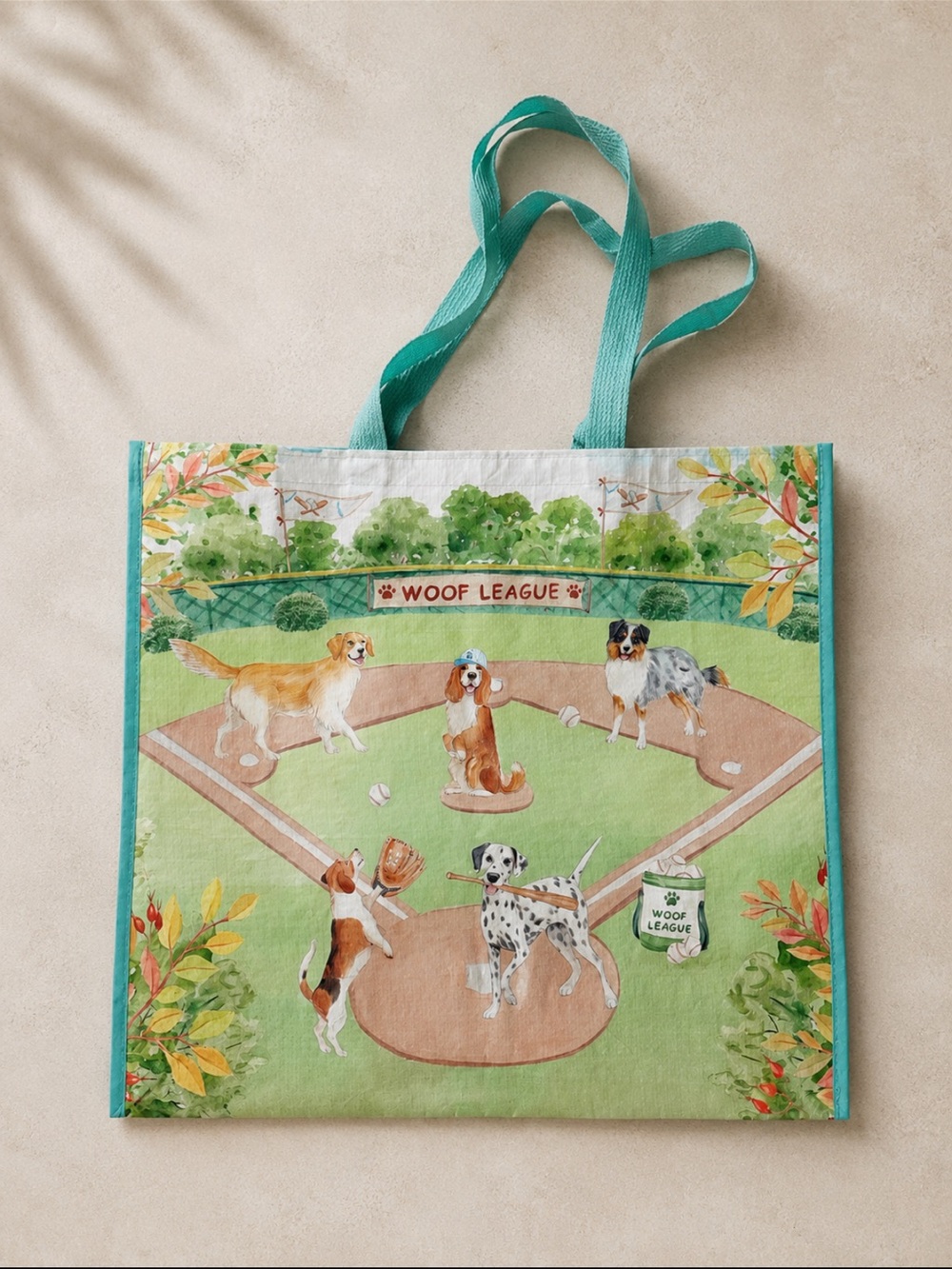 Baseball dog print reusable tote bag